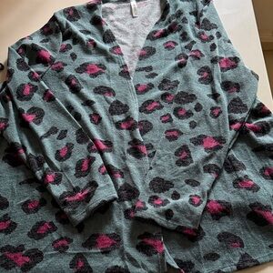 Emerald Women's Cardigan with Pink and Black Leopard Print 3X